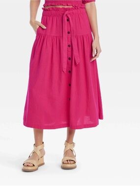 Universal Thread Bright Fuchsia Button-Front Midi Skirt